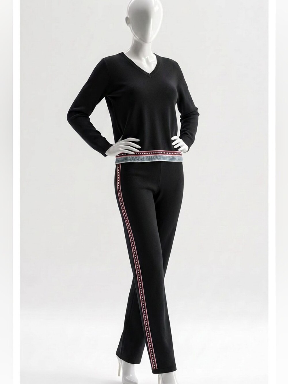 Escada Black Two-Piece Knit Set with Red And White Stripe Trim